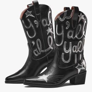 Sleek Black and Silver Heeled Boots with Western Flair